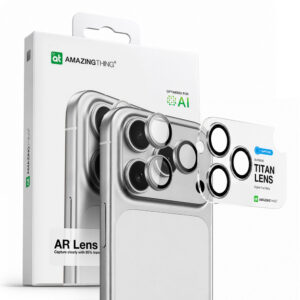 AmazingThing Sapphire Camera Glass skirtas iPhone 17 Pro / Pro Max - su sidabriniu rėmeliu