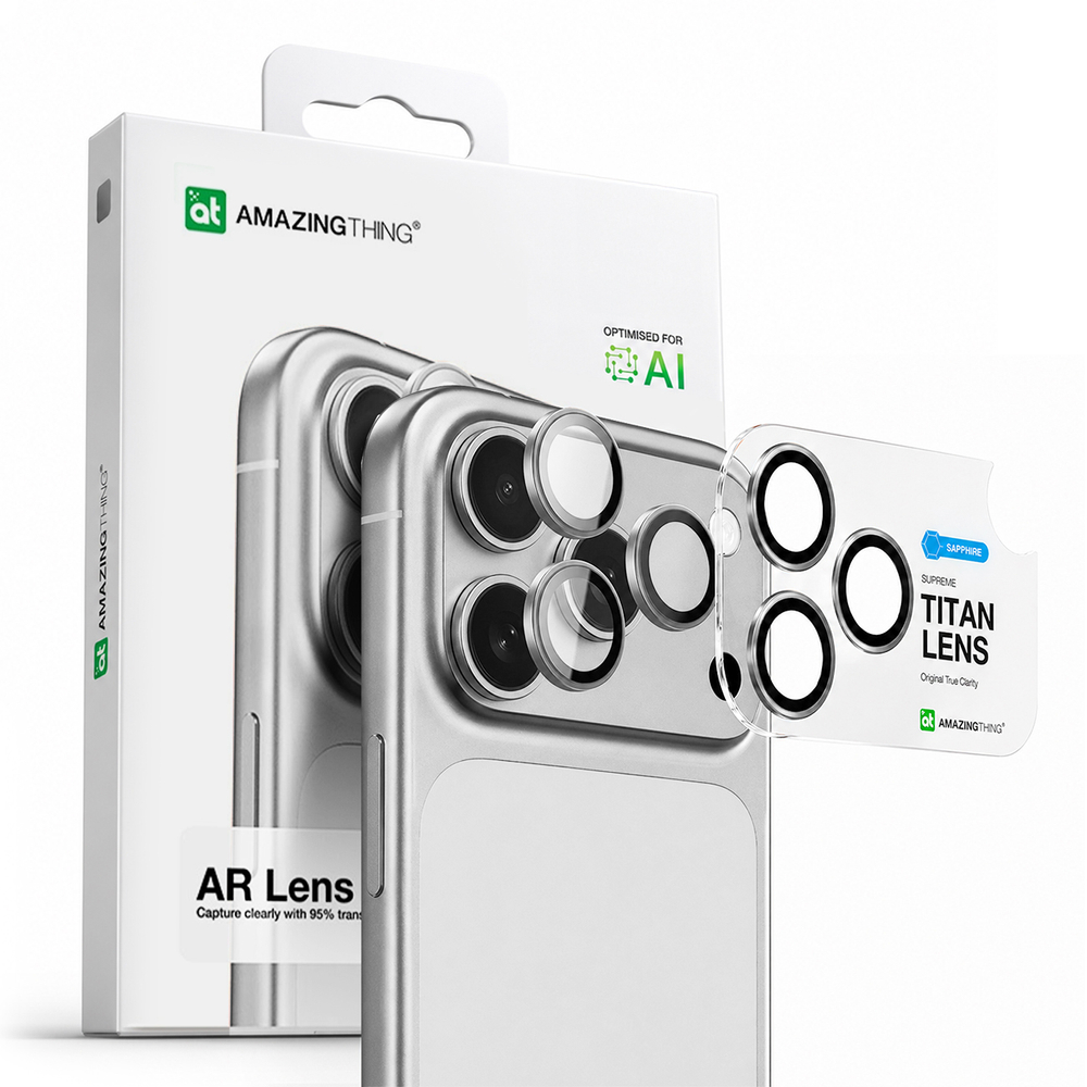 AmazingThing Sapphire Camera Glass skirtas iPhone 17 Pro / Pro Max - su sidabriniu rėmeliu