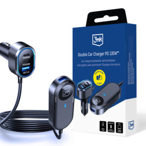 3mk dvigubas automobilinis įkroviklis 135W PD QC PPS USB-C USB-A – juodas