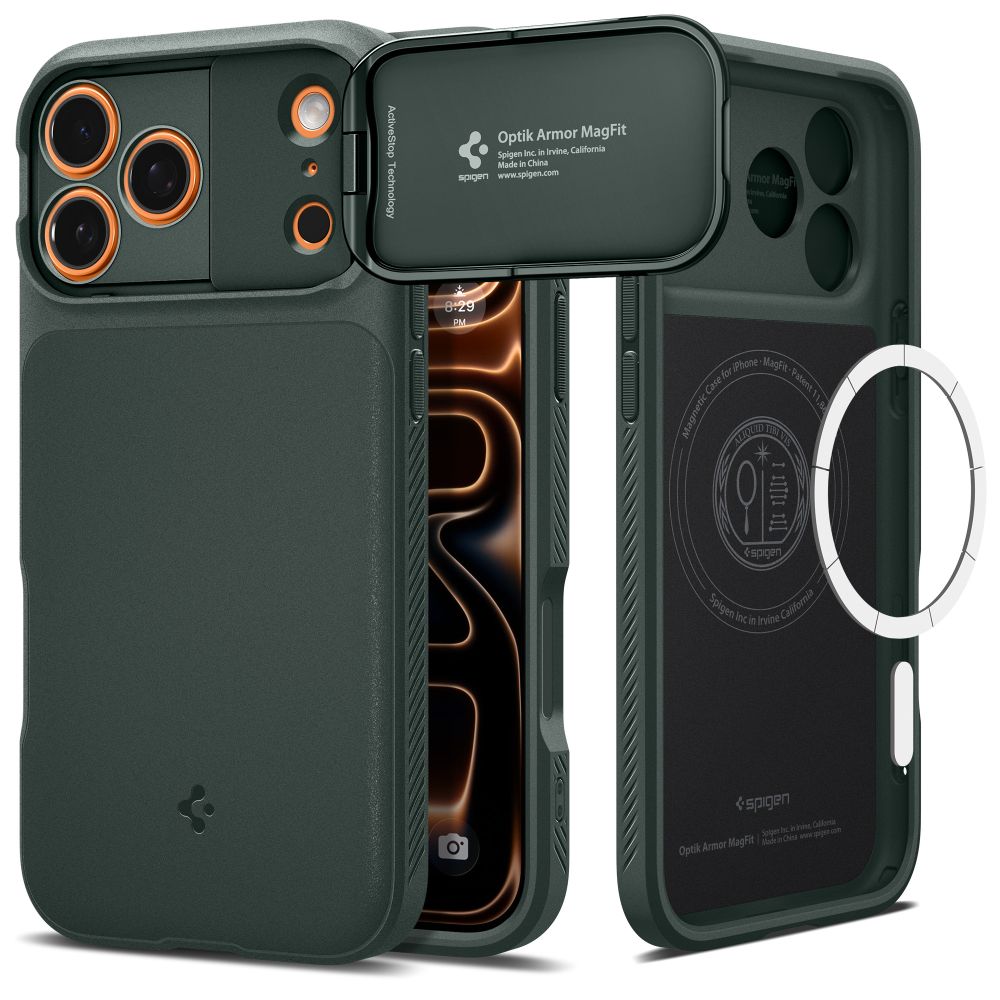 Dėklas Spigen Optik Armor Mag iPhone 17 Pro Max, tamsiai žalias