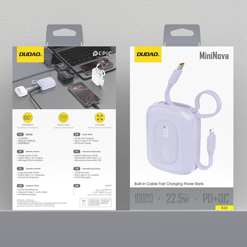 Dudao K32 išorinė baterija 22.5W 10000 mAh su integruotu USB-C/Lightning laidu - violetinė