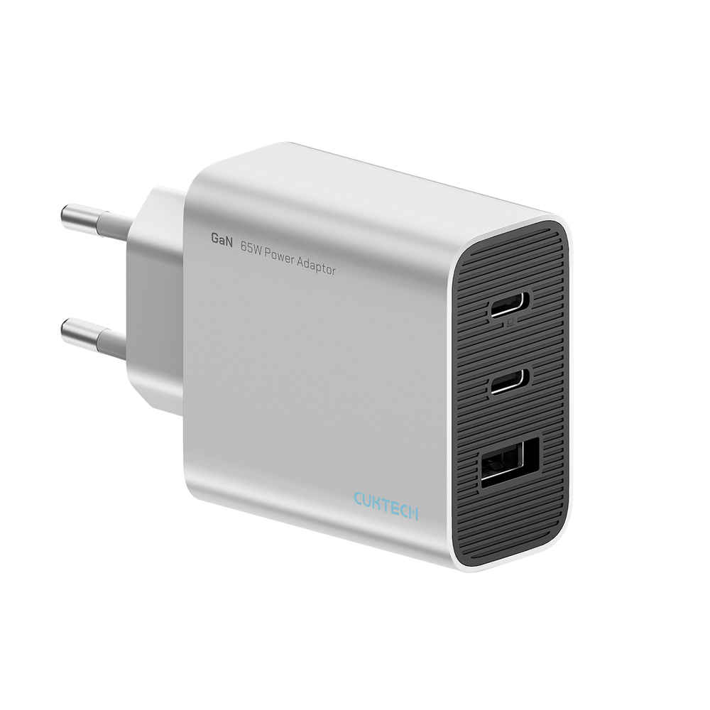 Cuktech 65W GaN 2xUSB-C 1xUSB-A sieninis įkroviklis - pilkas