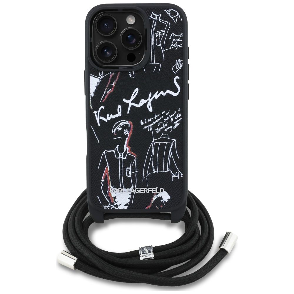 Karl Lagerfeld Crossbody Grained Pattern & Logo dėklas iPhone 16 Pro Max - Juodas