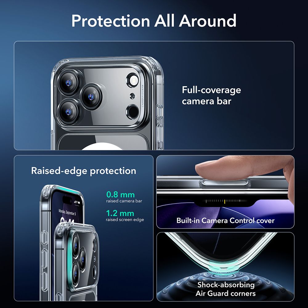Dėklas ESR Classic Hybrid MagSafe su apsauginiu stiklu iPhone 17 Pro Max, skaidrus