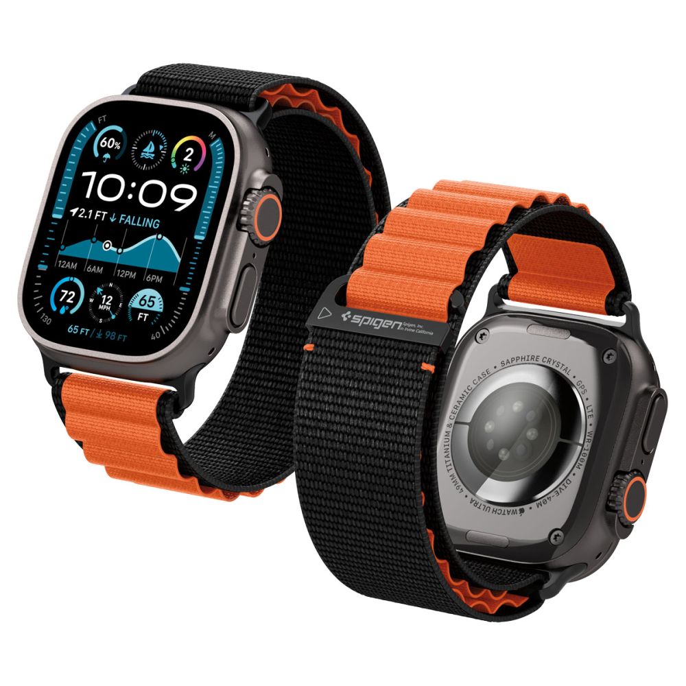 Dirželis Spigen WBF1 Apple Watch 8 / 9 / 10 / 11 / SE / Ultra (44 / 45 / 46 / 49 mm), juodas/oranžinis