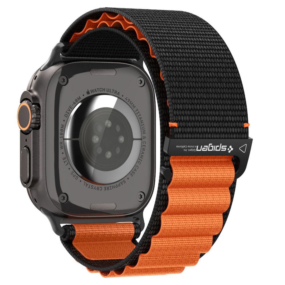 Dirželis Spigen WBF1 Apple Watch 8 / 9 / 10 / 11 / SE / Ultra (44 / 45 / 46 / 49 mm), juodas/oranžinis