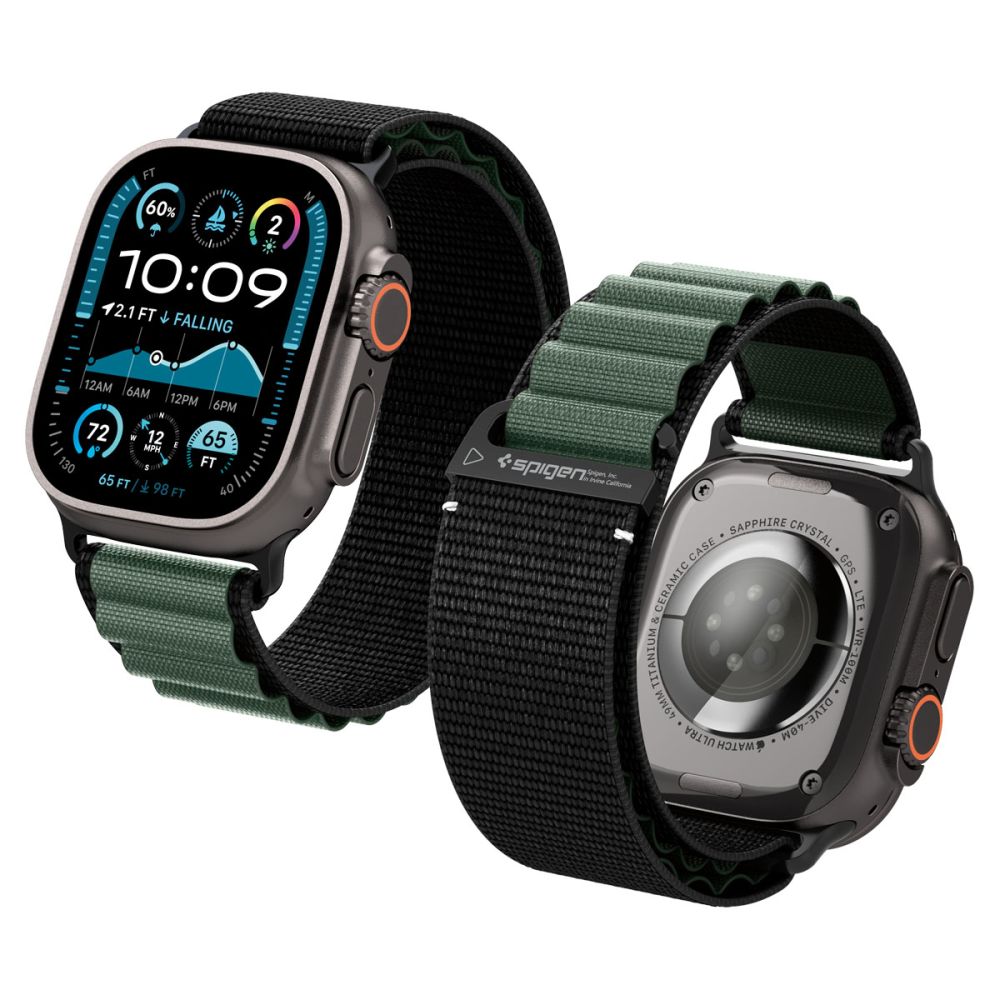 Dirželis Spigen WBF1 Apple Watch 8 / 9 / 10 / 11 / SE / Ultra (44 / 45 / 46 / 49 mm), juodas/žalias