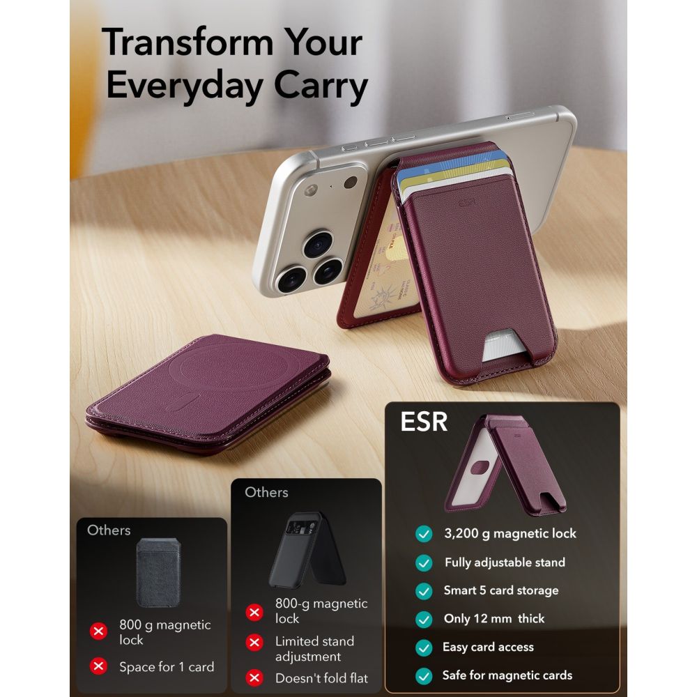 Piniginė ESR Classic RFID Magnetic Wallet Stand su MagSafe, tamsiai bordinė