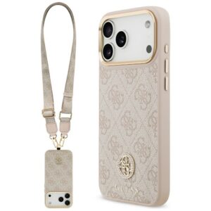 Guess 4G Strass Logo & Big Strap Metal Buttons MagSafe dėklas iPhone 17 Pro Max - rožinis