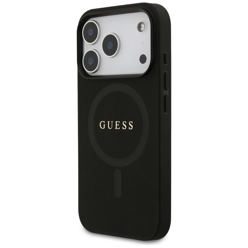 Guess Saffiano Classic Logo MagSafe dėklas iPhone 17 Pro - Juodas