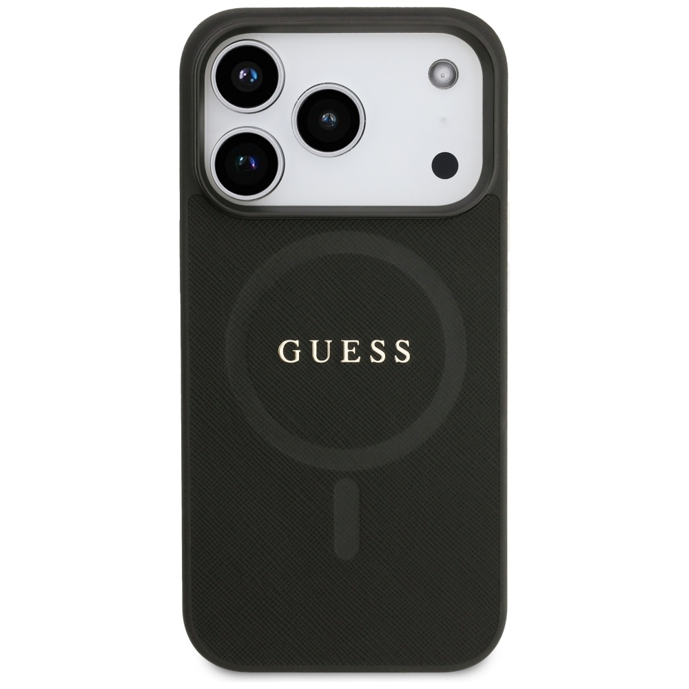 Guess Saffiano Classic Logo MagSafe dėklas iPhone 17 Pro - Juodas