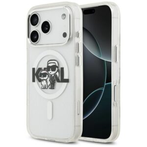Karl Lagerfeld IML Glitter Karl & Choupette Sketch Logo MagSafe Dėklas iPhone 17 Pro - Skaidrus