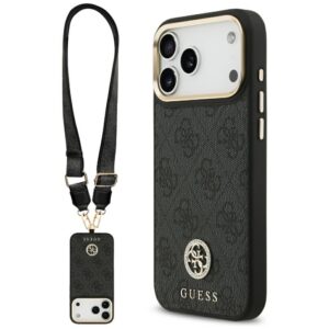 Guess 4G Srtass Logo & Big Strap Metal Buttons MagSafe dėklas iPhone 17 Pro Max - Juoda