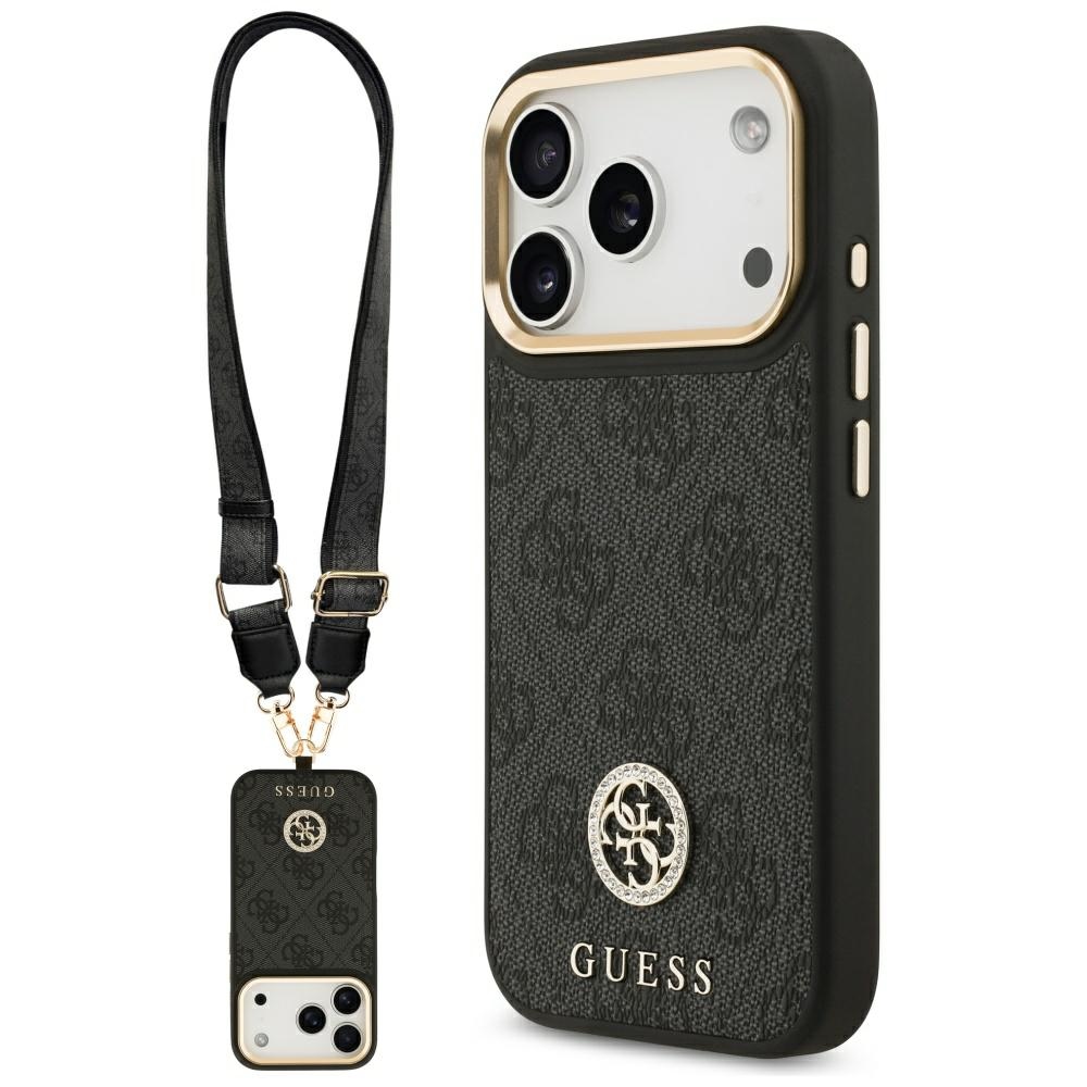 Guess 4G Strass Logo & Big Strap Metal Buttons MagSafe dėklas iPhone 17 Pro - Juoda
