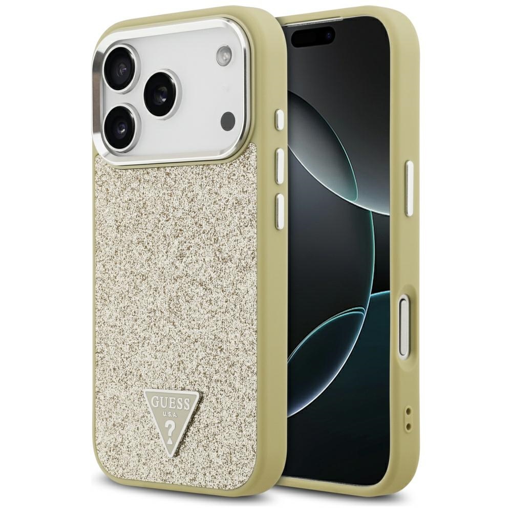 Guess Glitter Triangle Logo MagSafe dėklas iPhone 17 Pro - Auksinis