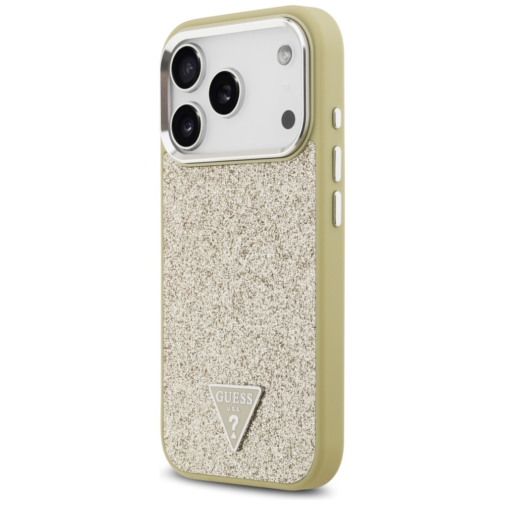 Guess Glitter Triangle Logo MagSafe dėklas iPhone 17 Pro - Auksinis