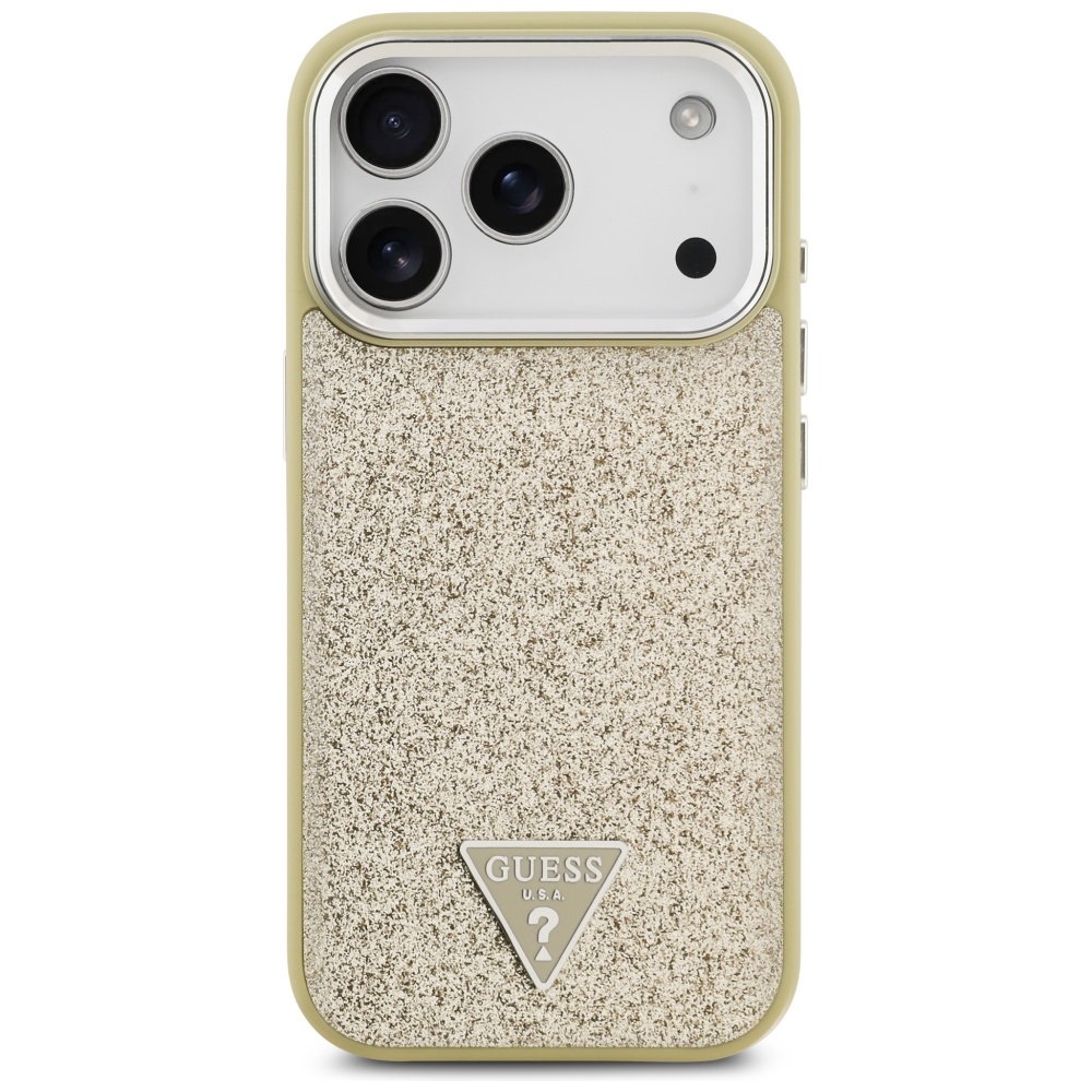 Guess Glitter Triangle Logo MagSafe dėklas iPhone 17 Pro - Auksinis