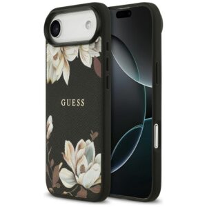 Guess Grained Flowers Classic Logo MagSafe dėklas, skirtas iPhone Air - black