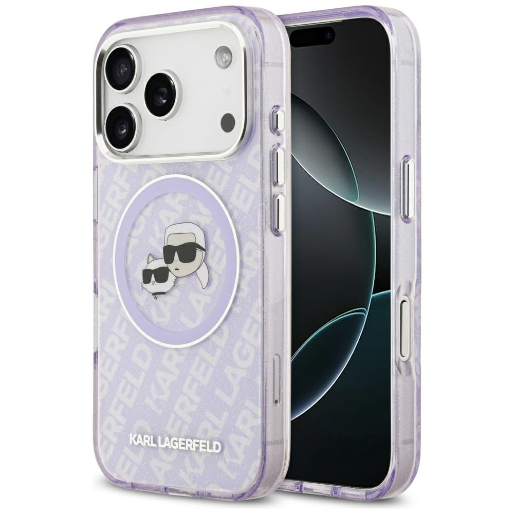 Karl Lagerfeld IML Glitter Karl & Choupette Heads Logo MagSafe dėklas iPhone 17 Pro - Violetinė