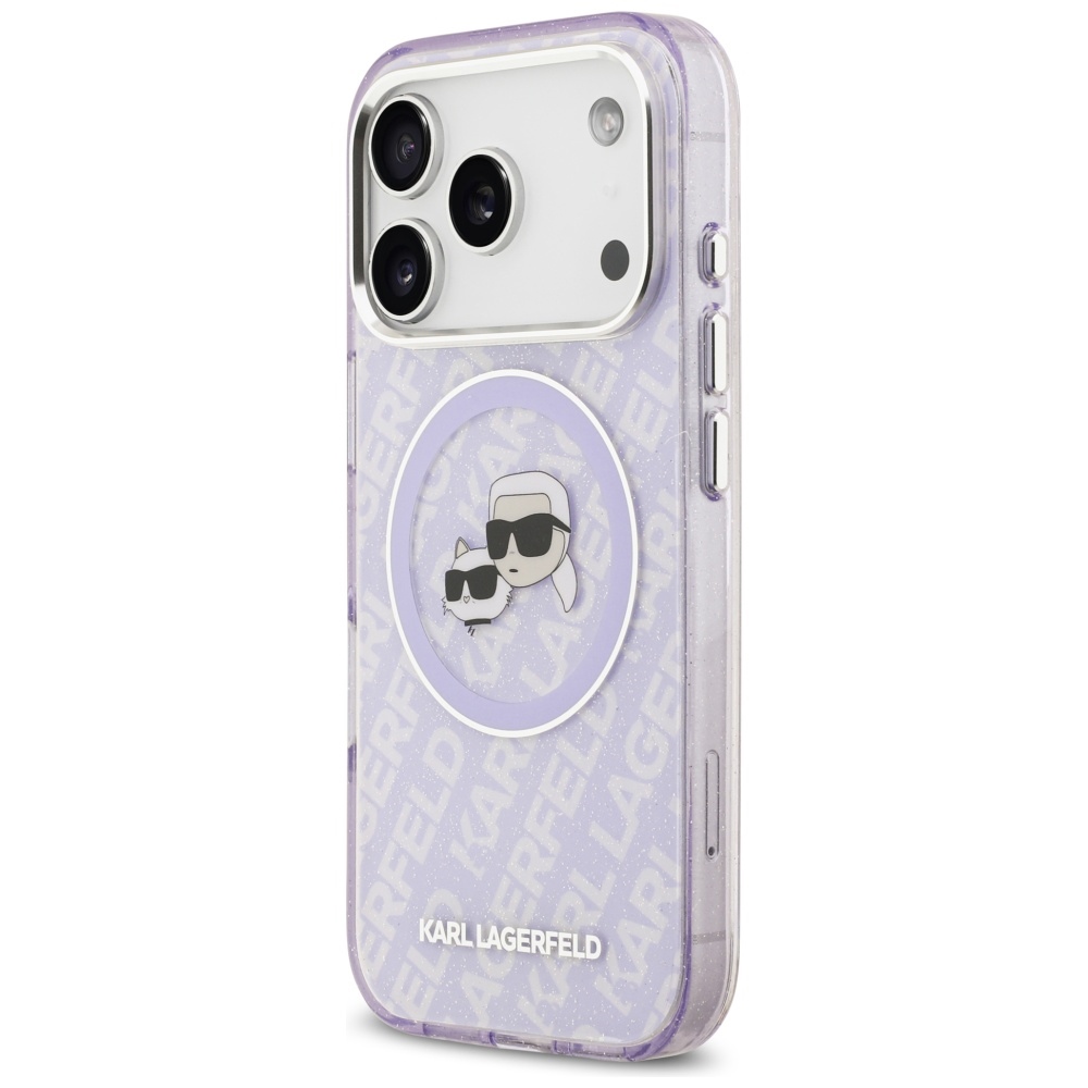Karl Lagerfeld IML Glitter Karl & Choupette Heads Logo MagSafe dėklas iPhone 17 Pro - Violetinė