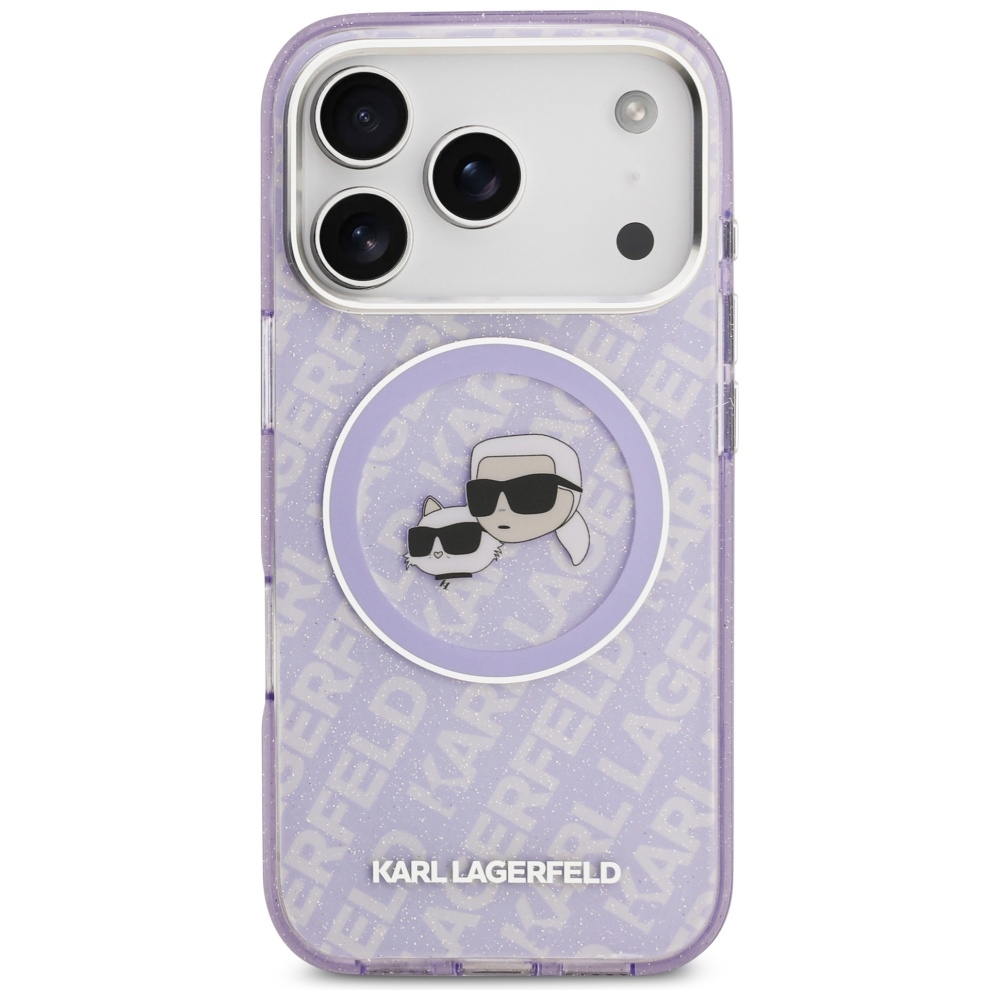 Karl Lagerfeld IML Glitter Karl & Choupette Heads Logo MagSafe dėklas iPhone 17 Pro - Violetinė