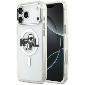 Karl Lagerfeld IML Glitter Karl & Choupette Sketch Logo MagSafe Dėklas skirtas iPhone 17 Pro Max - Skaidrus
