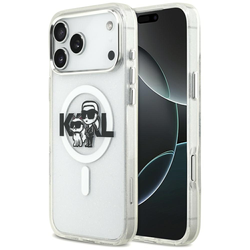 Karl Lagerfeld IML Glitter Karl & Choupette Sketch Logo MagSafe Dėklas skirtas iPhone 17 Pro Max - Skaidrus