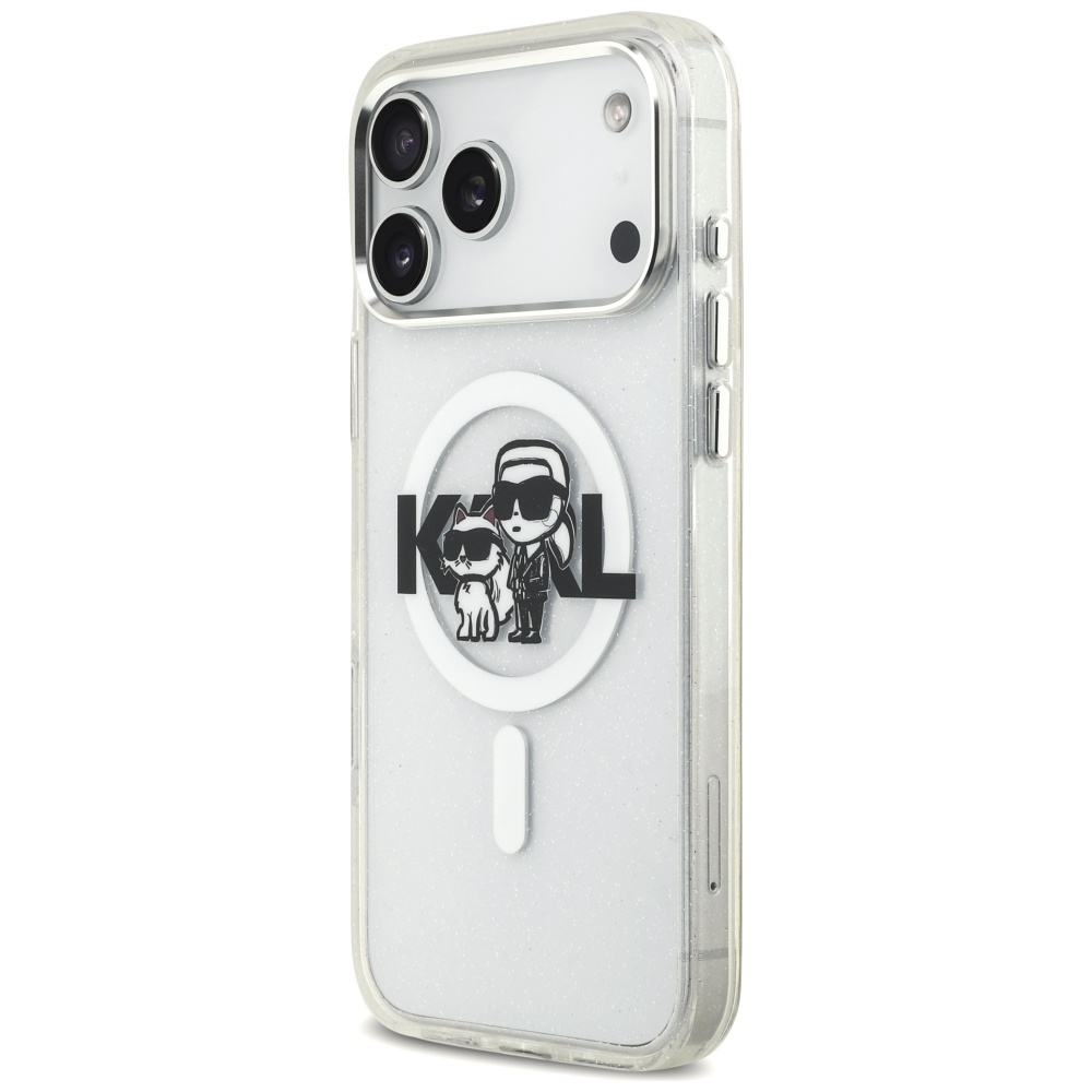 Karl Lagerfeld IML Glitter Karl & Choupette Sketch Logo MagSafe Dėklas skirtas iPhone 17 Pro Max - Skaidrus