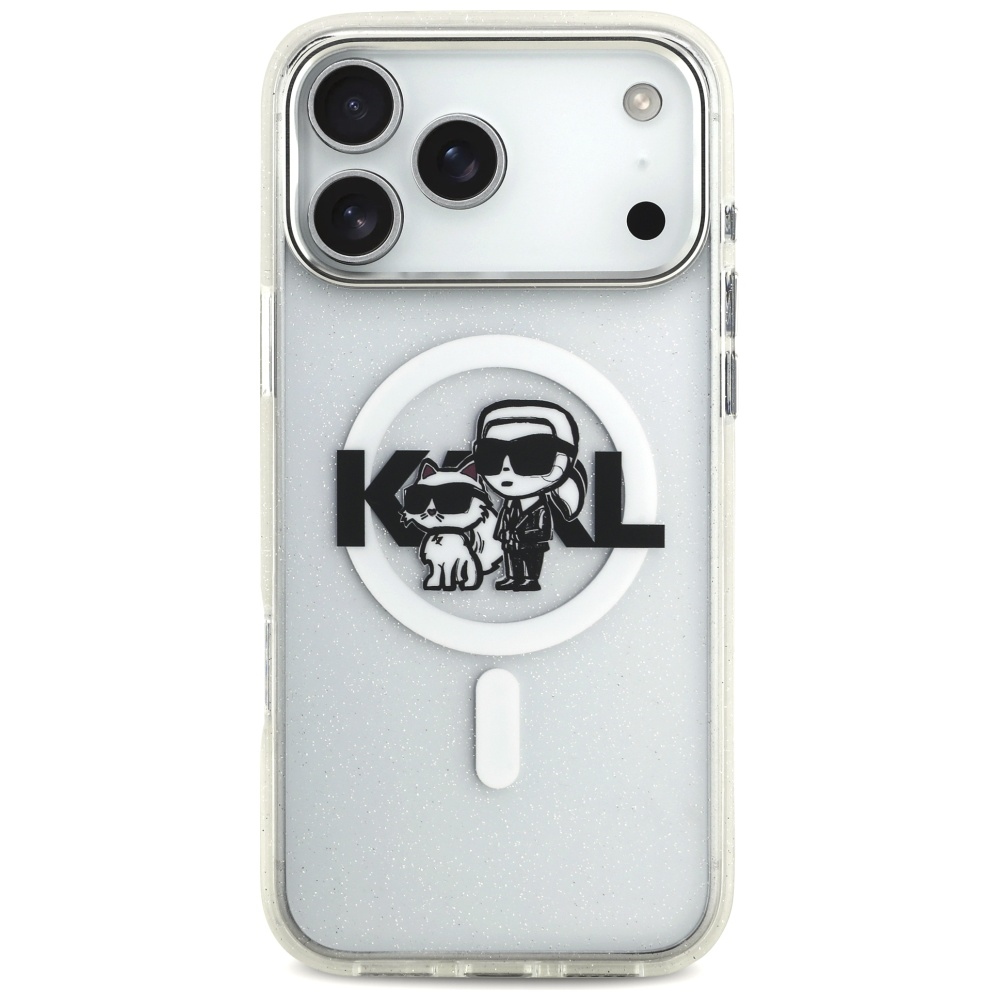 Karl Lagerfeld IML Glitter Karl & Choupette Sketch Logo MagSafe Dėklas skirtas iPhone 17 Pro Max - Skaidrus