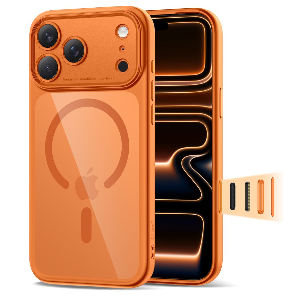 Dėklas Tech-Protect Magpeak Magsafe CC iPhone 17 Pro, kosminė oranžinė/skaidrus