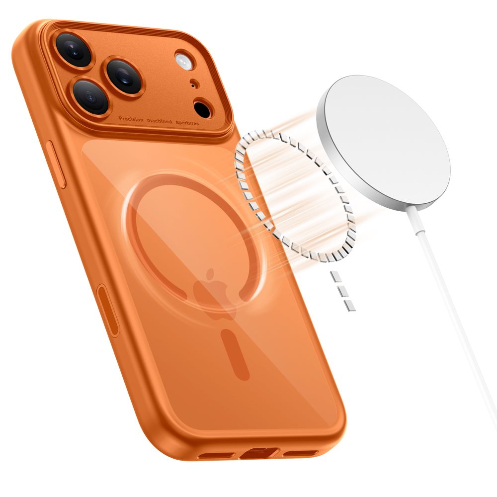 Dėklas Tech-Protect Magpeak Magsafe CC iPhone 17 Pro, kosminė oranžinė/skaidrus