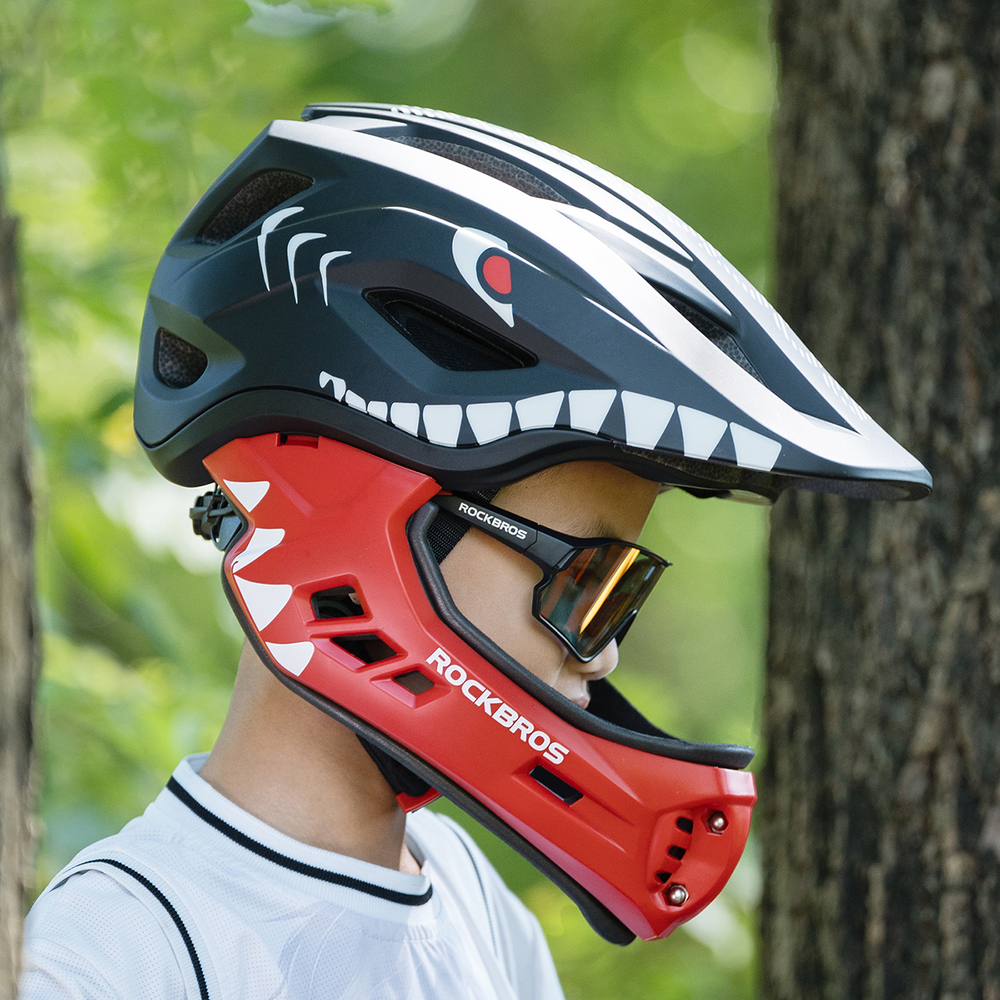 Rockbros TT-32005 Shark vaikų dviračio šalmas su nuimama žande M dydis (54-58 cm) - Juoda