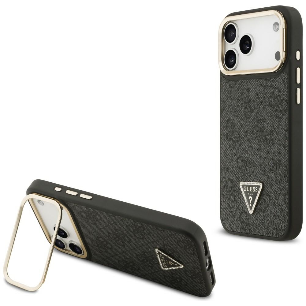 Guess 4G PU Triangle Logo & Stand Camera Magsafe dėklas iPhone 17 Pro Max - Juodas