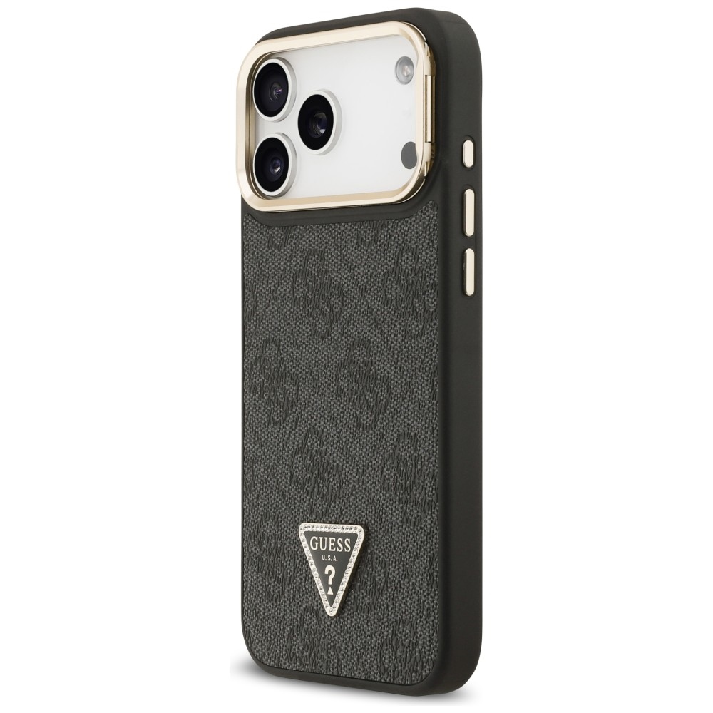 Guess 4G PU Triangle Logo & Stand Camera Magsafe dėklas iPhone 17 Pro Max - Juodas