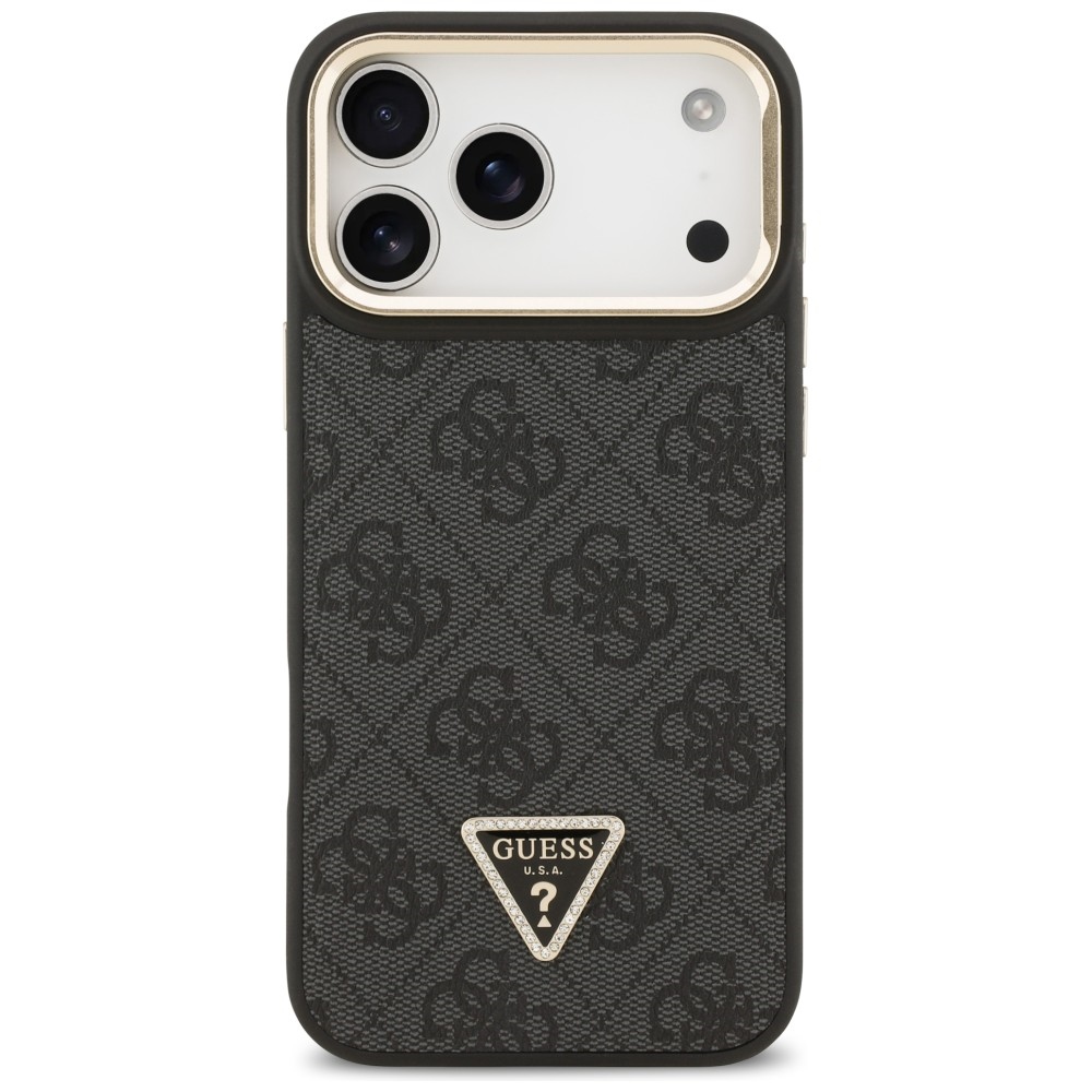 Guess 4G PU Triangle Logo & Stand Camera Magsafe dėklas iPhone 17 Pro Max - Juodas