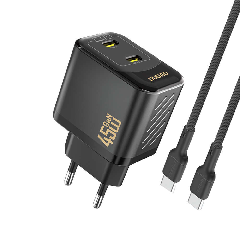 Dudao sieninis įkroviklis A28PCEU PD 45W GaN 2xUSB-C su USB-C laidu - juodas