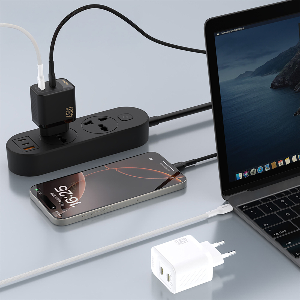 Dudao sieninis įkroviklis A28PCEU PD 45W GaN 2xUSB-C su USB-C laidu - juodas