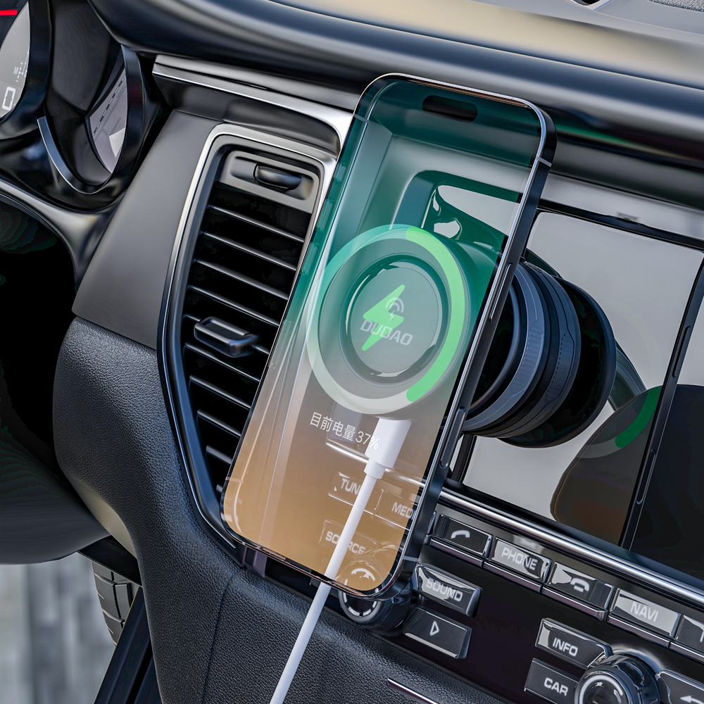 Dudao F24MAX automobilinis laikiklis su 15W belaidžiu įkrovikliu, suderinamas su MagSafe, su automatiniu siurbtuku juodas