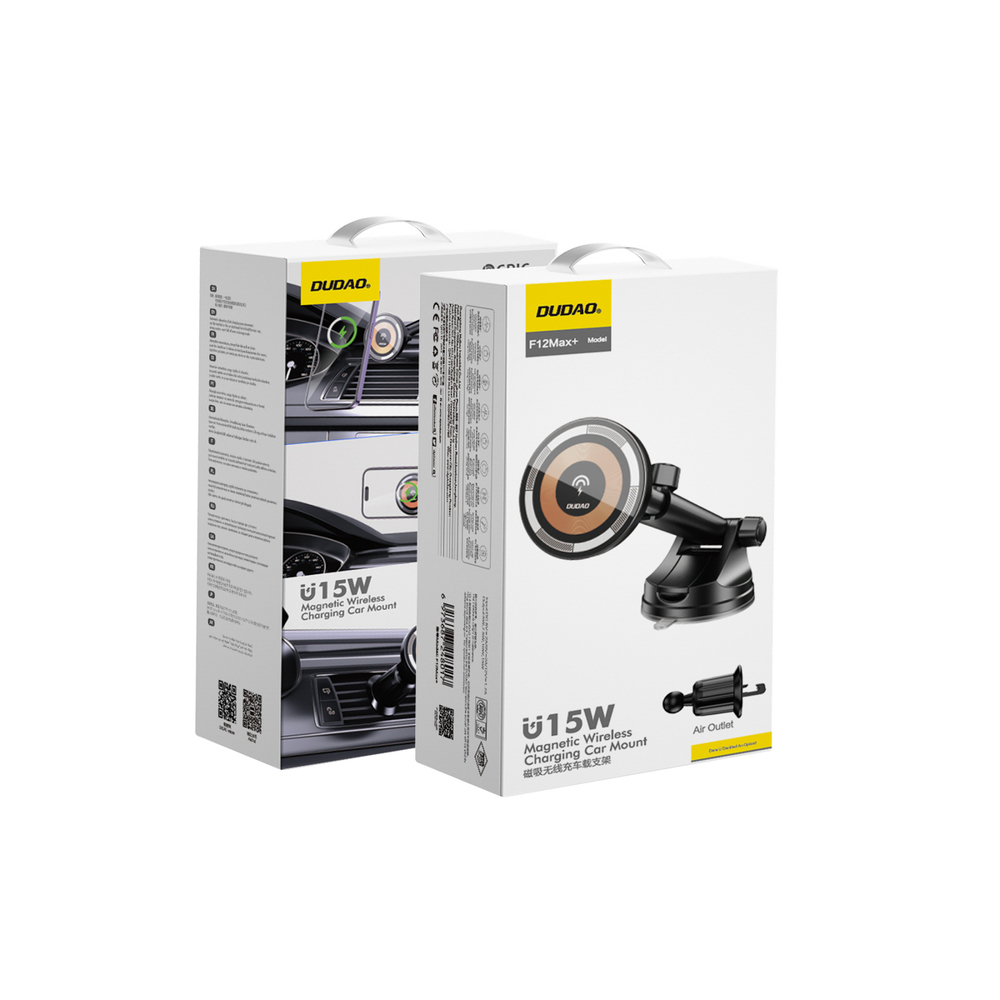 Automobilinis laikiklis Dudao F12MAX+ su 15W belaidžiu įkrovikliu, suderinamas su Magsafe - juodas