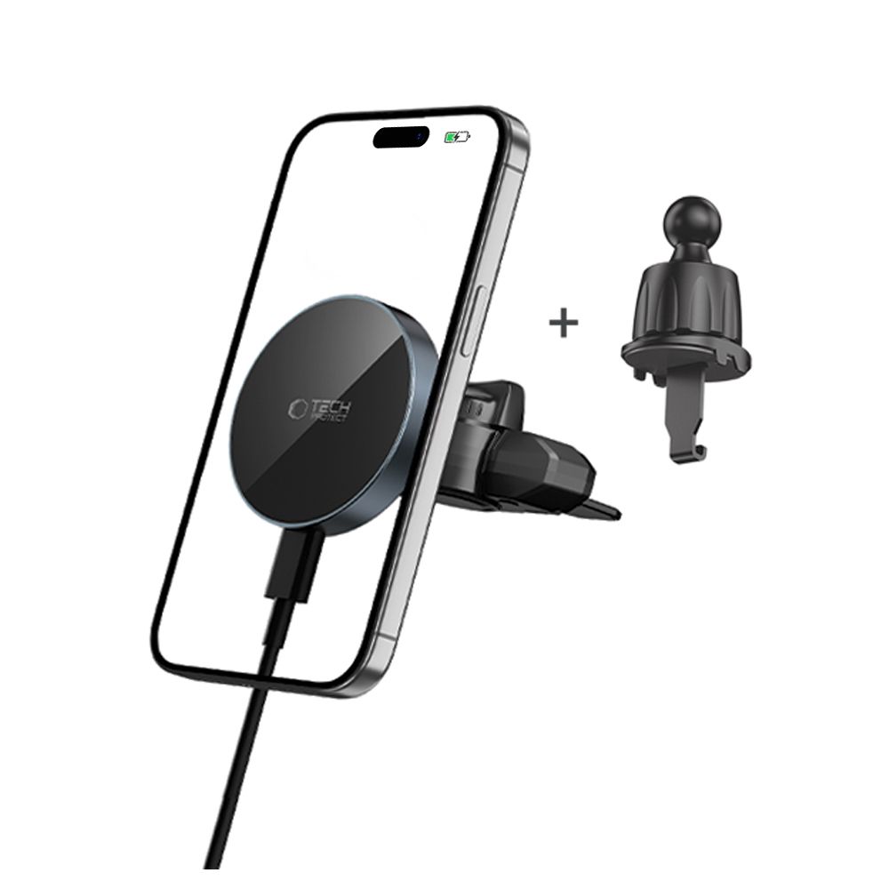 Automobilinis laikiklis Tech-Protect MM15W-V5 MagSafe su belaidžiu įkrovikliu 15W, į CD lizdą ir groteles, juodas