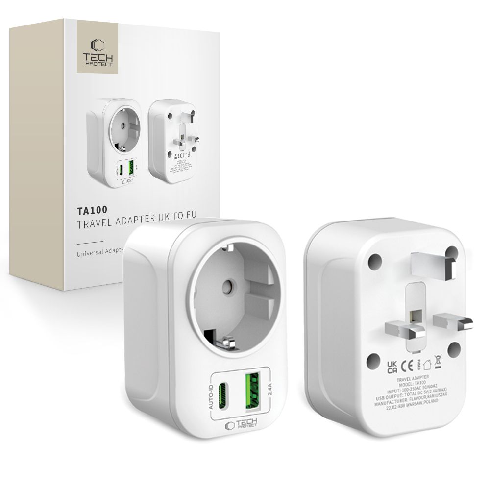 Kelioninis adapteris Tech-Protect TA100 UK-EU, baltas