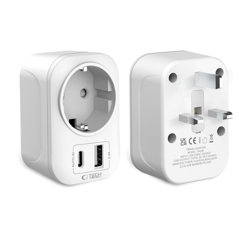 Kelioninis adapteris Tech-Protect TA100 UK-EU, baltas