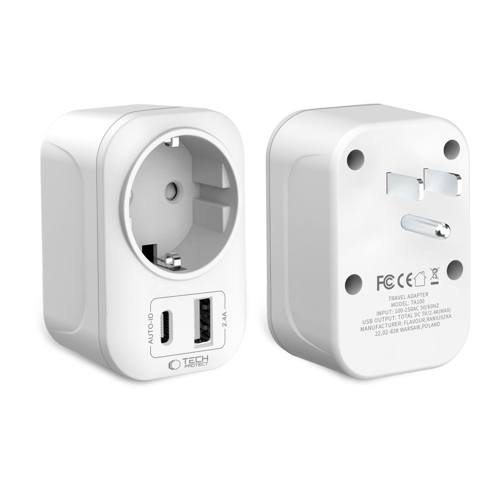 Kelioninis adapteris Tech-Protect TA100 US-EU, baltas
