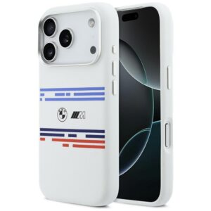 BMW M silikoninis MagSafe dėklas iPhone 17 Pro – baltas