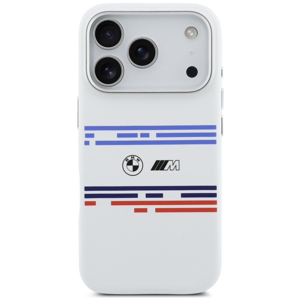 BMW M silikoninis MagSafe dėklas iPhone 17 Pro – baltas
