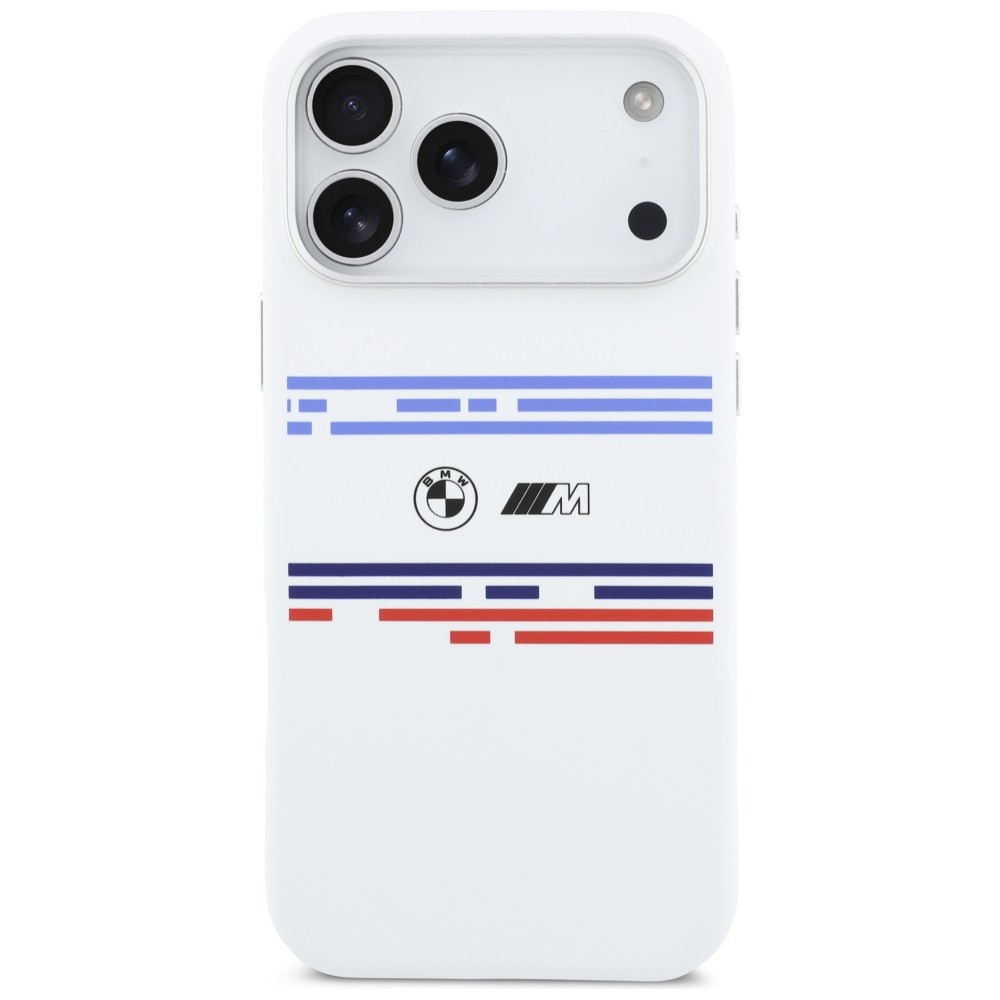 BMW M silikoninis MagSafe dėklas iPhone 17 Pro Max – baltas