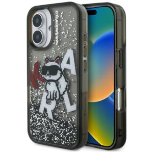 Karl Lagerfeld blizgučių dėklas iPhone 16 – juodas