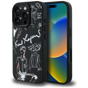 Karl Lagerfeld grūdėtas raštas ir logotipas MagSafe Dėklas, skirtas iPhone 16 Pro – juodas