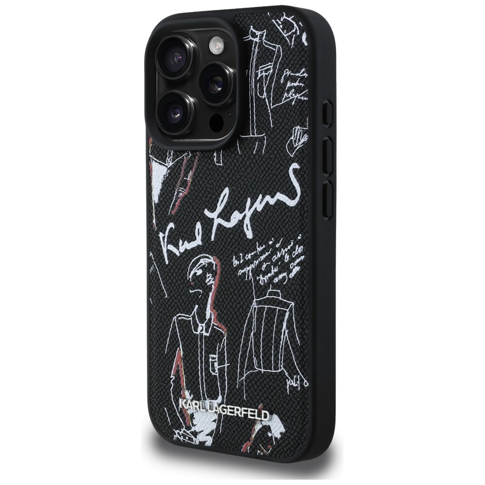 Karl Lagerfeld grūdėtas raštas ir logotipas MagSafe Dėklas, skirtas iPhone 16 Pro – juodas
