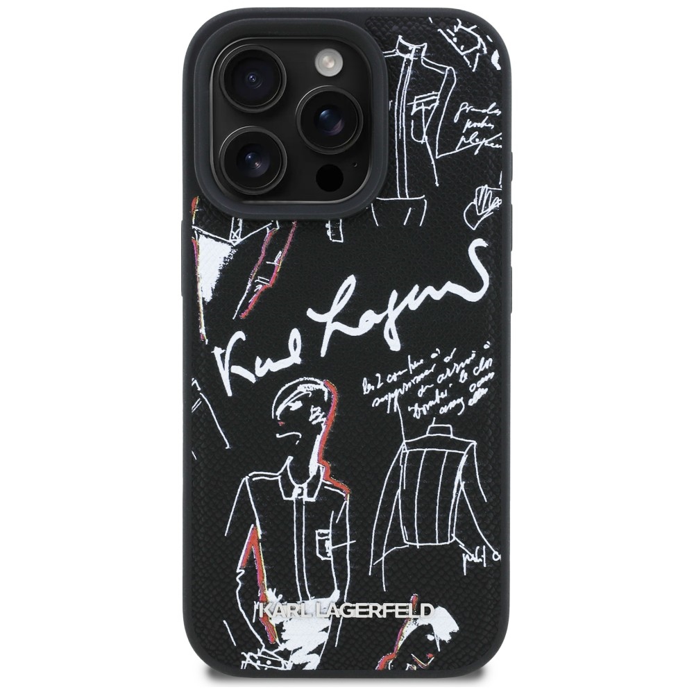 Karl Lagerfeld grūdėtas raštas ir logotipas MagSafe Dėklas, skirtas iPhone 16 Pro – juodas
